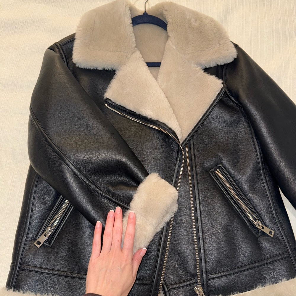 Mango Black and Cream Leather Jacket